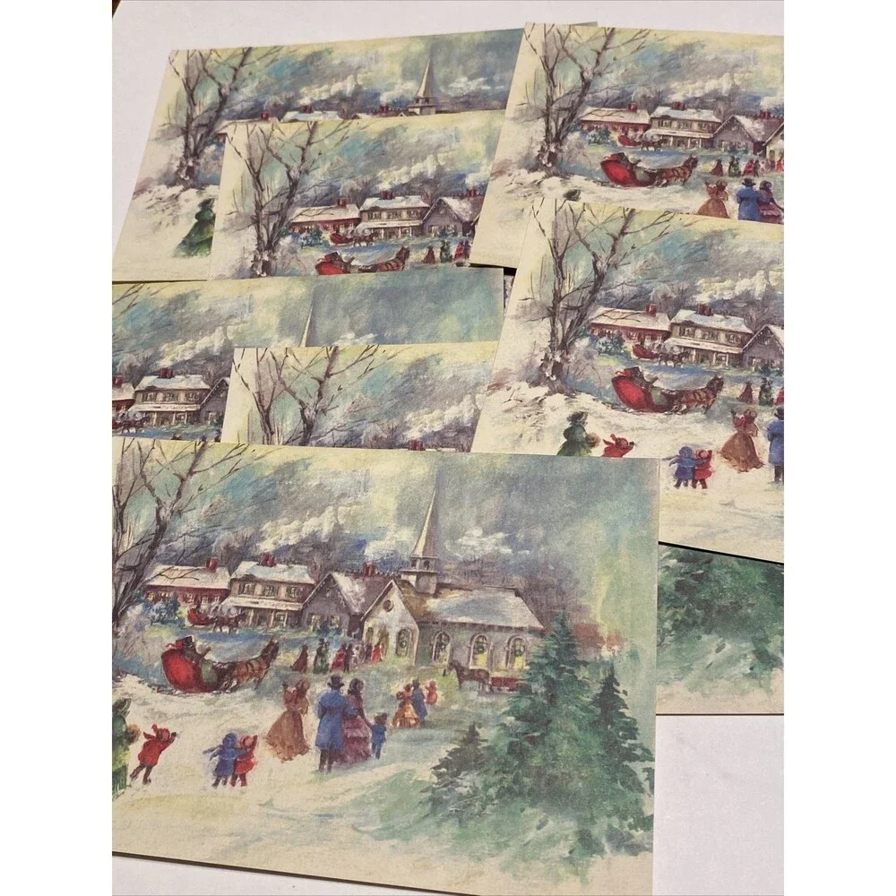 Vintage Christmas Card CHURCH WINTER HOLIDAY SCENE Sleigh Christmas Impressions